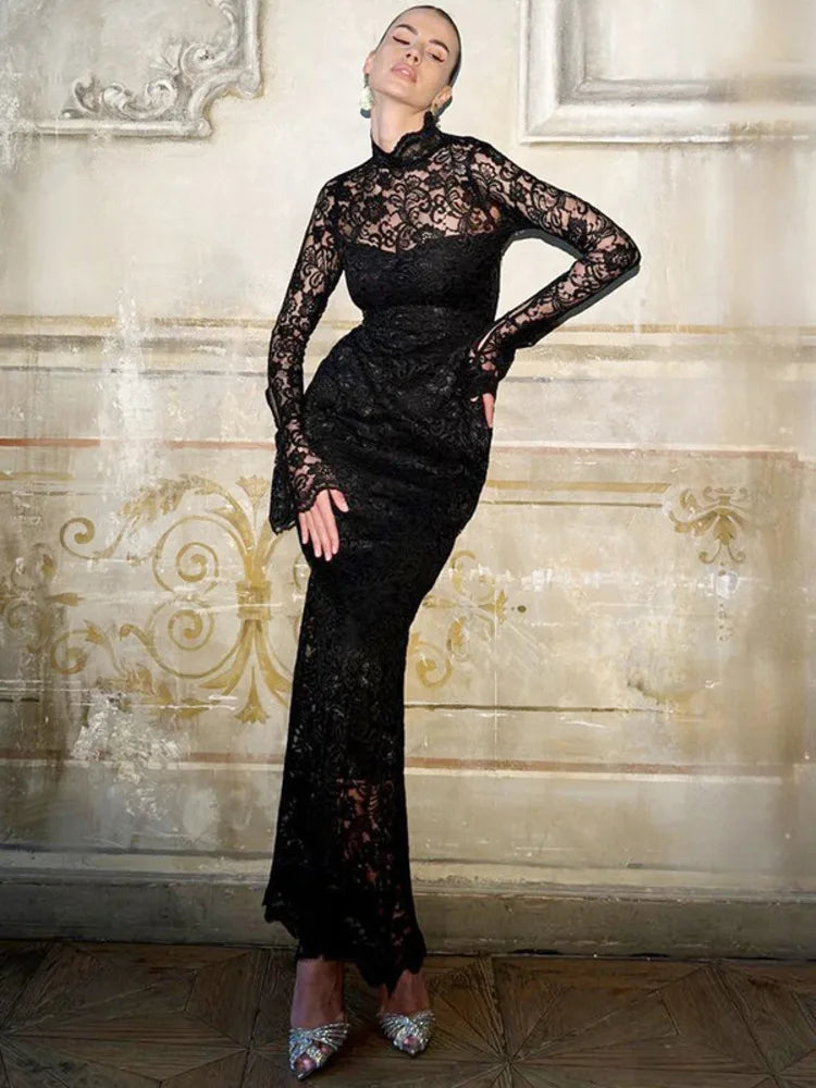 Long Sleeved Lace Patchwork Long Dress Summer New Slim Fit Bodycon Party Evening Dress