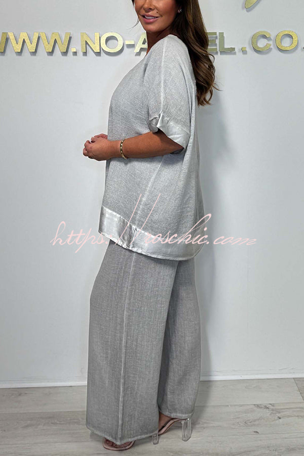 Fashionable V-neck Short-sleeved Loose Top and Elastic Waist Wide-leg Pants Set