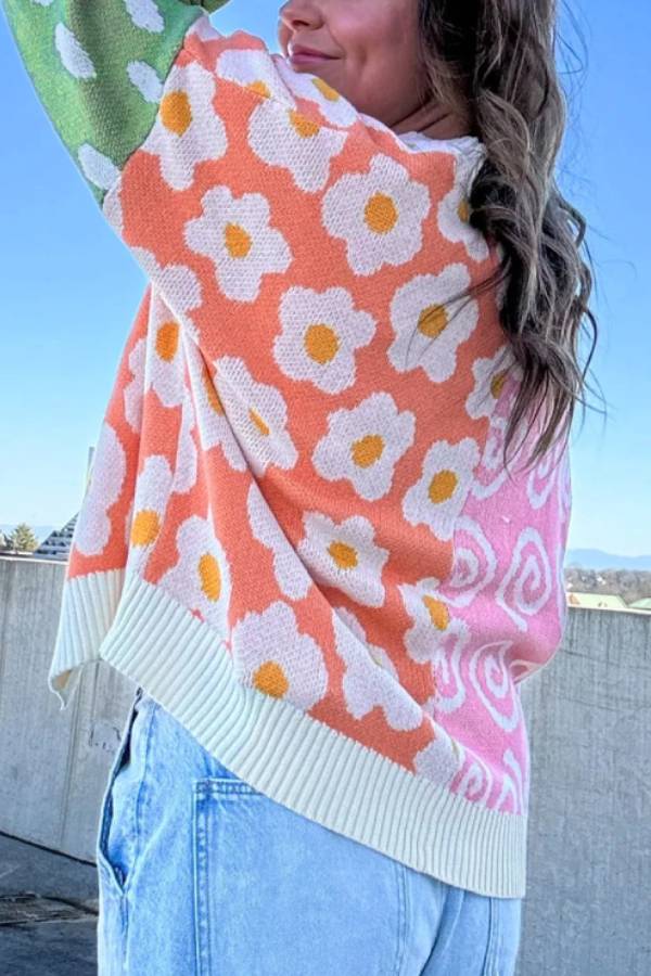 Orange Flower \u0026 Dotted Print Colorblock Open Front Cardigan