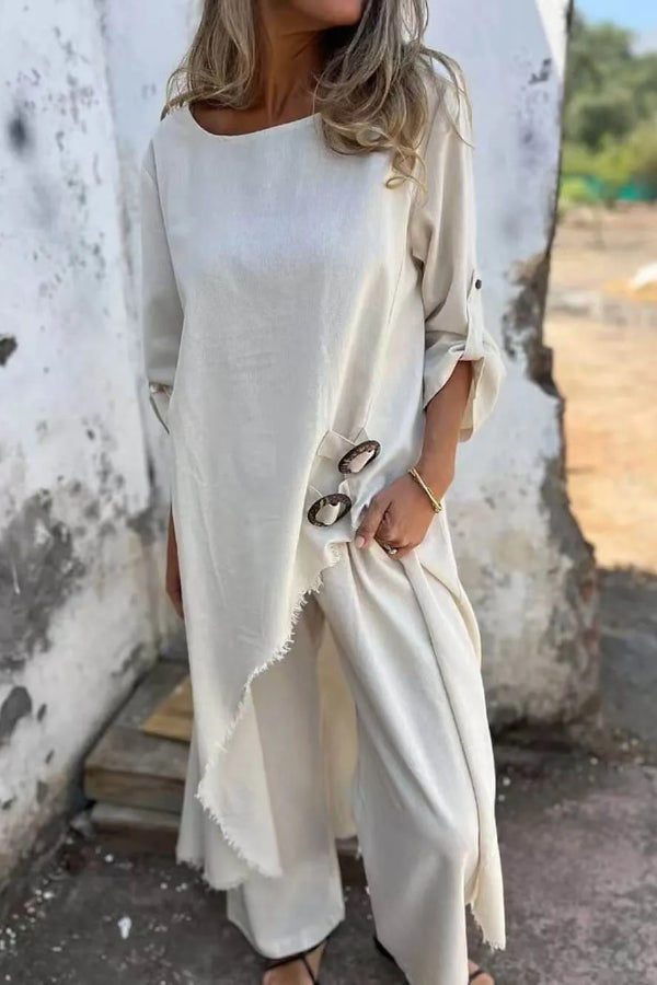 Unique Irregular Button Decoration Robe Pocket Elastic Pants Set
