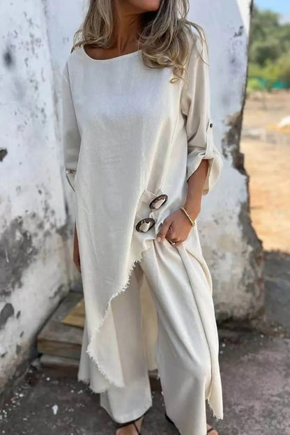 Unique Irregular Button Decoration Robe Pocket Elastic Pants Set