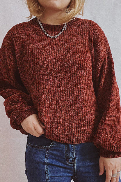 Color Round Neck Lantern Sleeve Short Knitted Sweater