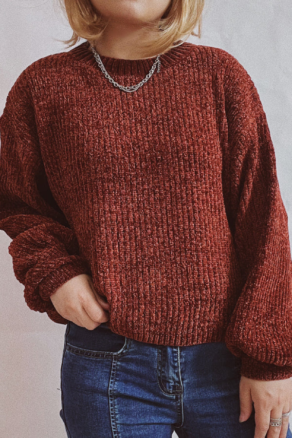 Color Round Neck Lantern Sleeve Short Knitted Sweater