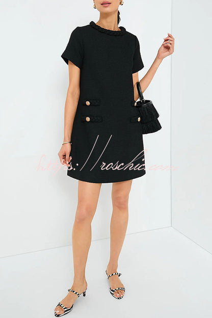 Confident and Tweed Fabric Braided Trim Button Shift Mini Dress