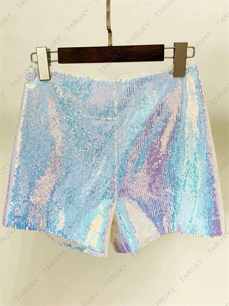 Sparkly Blazer Short Suit for Autumn Turn-down Collar Blazer Jaclets and Shorts 2 Piece Sets Outfits