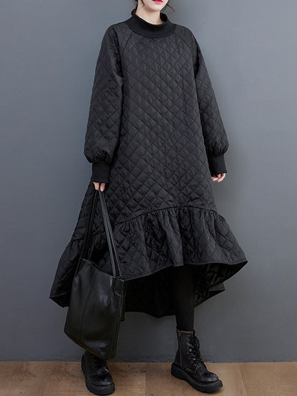 Long Sleeves A-line Rhombic Falbala High-neck Midi Dresses