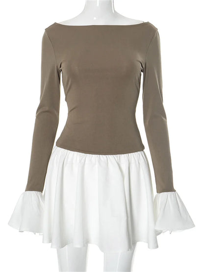 Ruffled Contrast Mini Dress ’s Patchwork High Waist Party Dress Female Y2k Mini Dress New