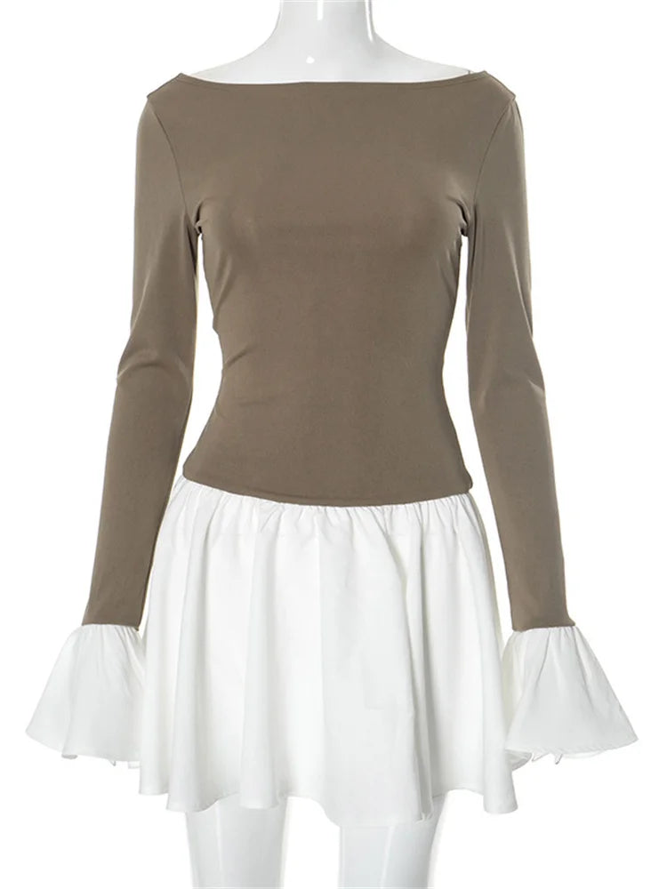Ruffled Contrast Mini Dress ’s Patchwork High Waist Party Dress Female Y2k Mini Dress New