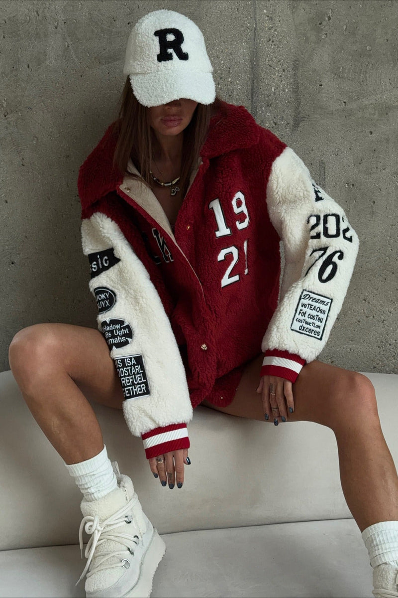 Color Block Sherpa Letter Lapel Coat
