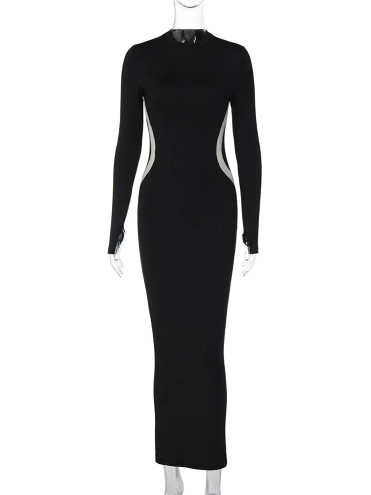 Black Patchwork Slim Dress for Long Sleeve Contrast Bodycon Party Dress Maxi Dress
