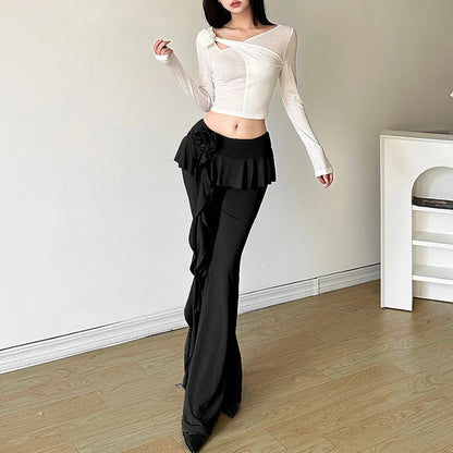 Flower Ribbons Straight Pants for Color High Strecth Folds Patchwork Female Summer Trousers