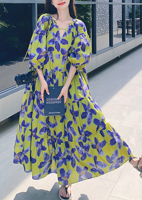 Stylish Green Print Patchwork Chiffon Long Dresses Half Sleeve Qp037