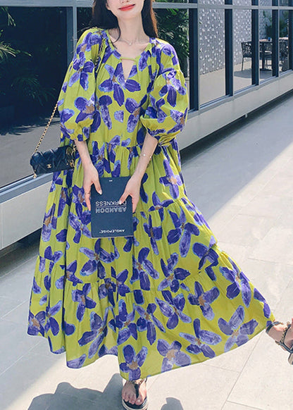 Stylish Green Print Patchwork Chiffon Long Dresses Half Sleeve Qp037