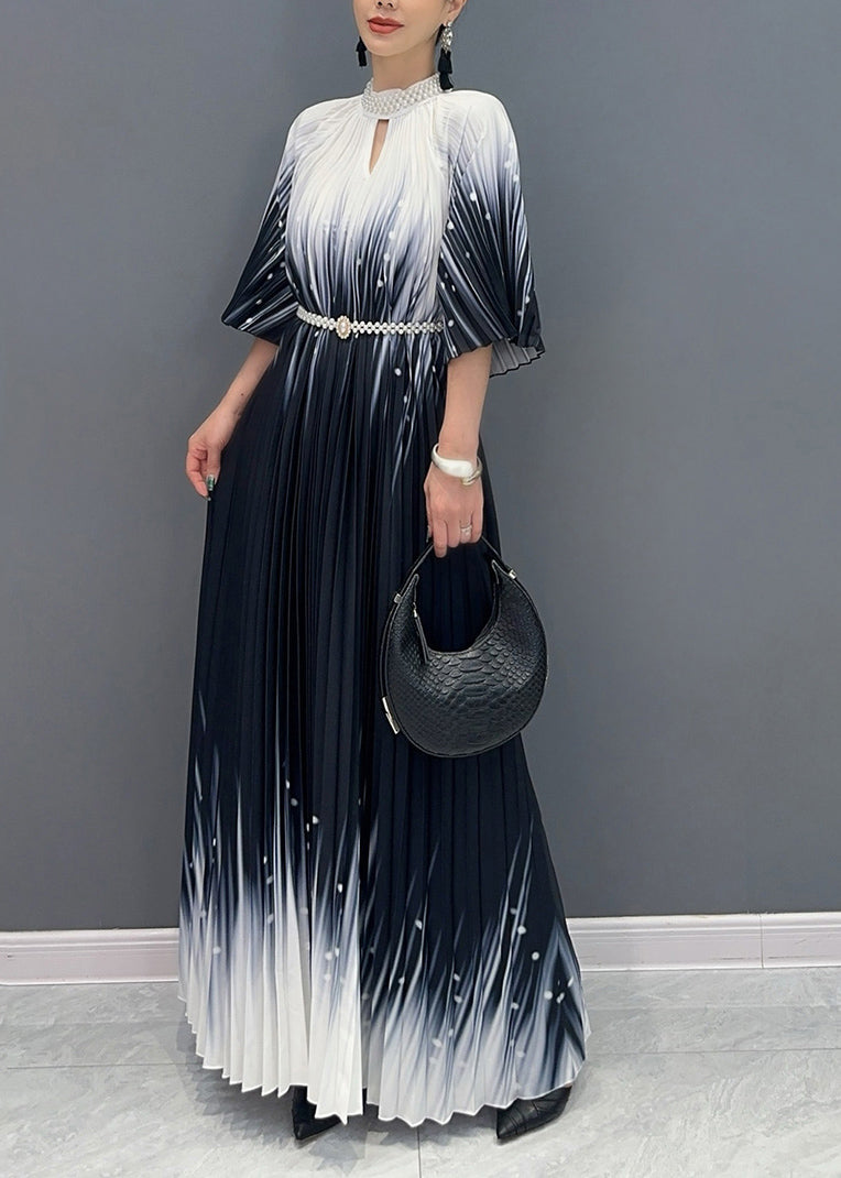 Fitted Black Turtleneck Print Wrinkled Vacation Maxi Dresses Summer Ao1032