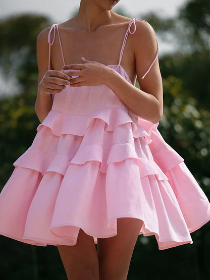 High Waisted Loose Backless Layered Pleated Color Tied Spaghetti-neck Mini Dresses