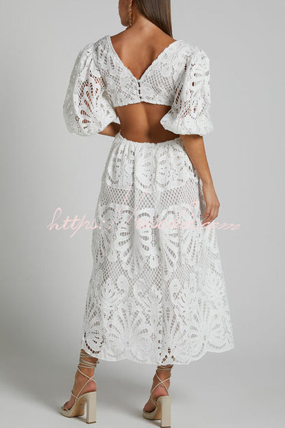 Color V Neck Hollow Lace Waistless Maxi Dress