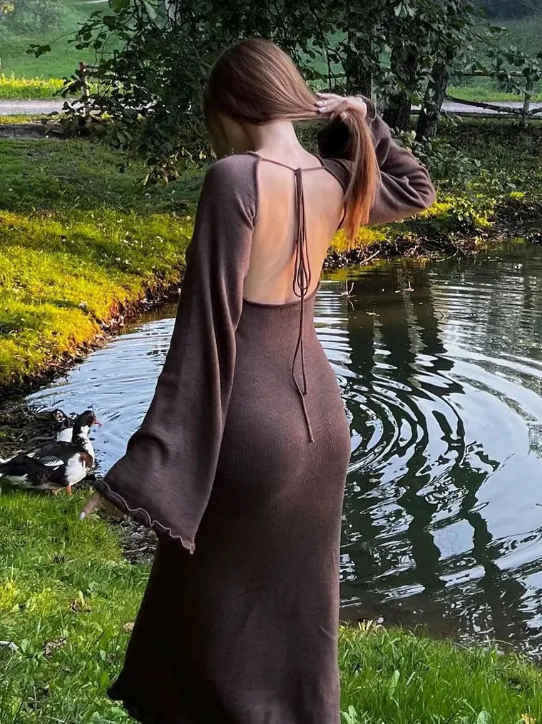 Knitted Backless Long Dress for Ruffled Lace Up High Waist Maxi Dresses Femme Party Bandage Dress