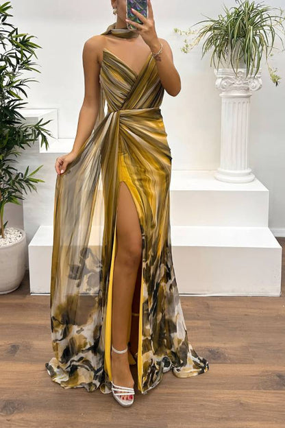 In a Dreamland Chiffon Print Off Shoulder Pleated Scarf Slit Maxi Dress