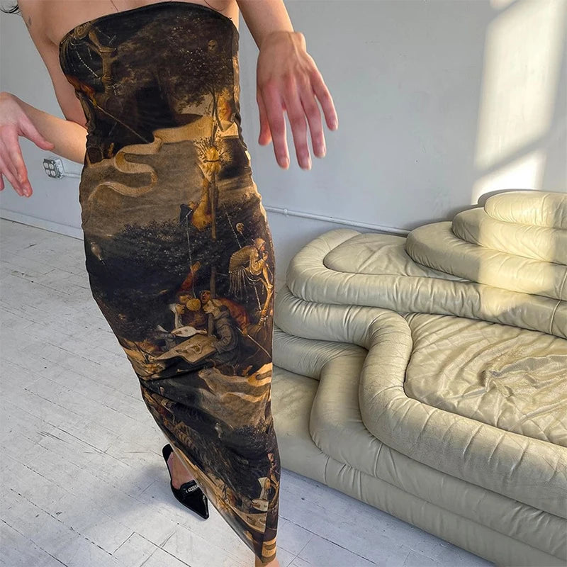 Strapless Oil Painting Printing Mesh Slim Midi Dress Female Brand Party Vestidos – Bestseller Dress