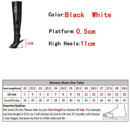 Spring Autumn Zip Metal Thin Heels Open Toe Leather Thigh High Over the Knee Boots Party Club Stripper Shoes