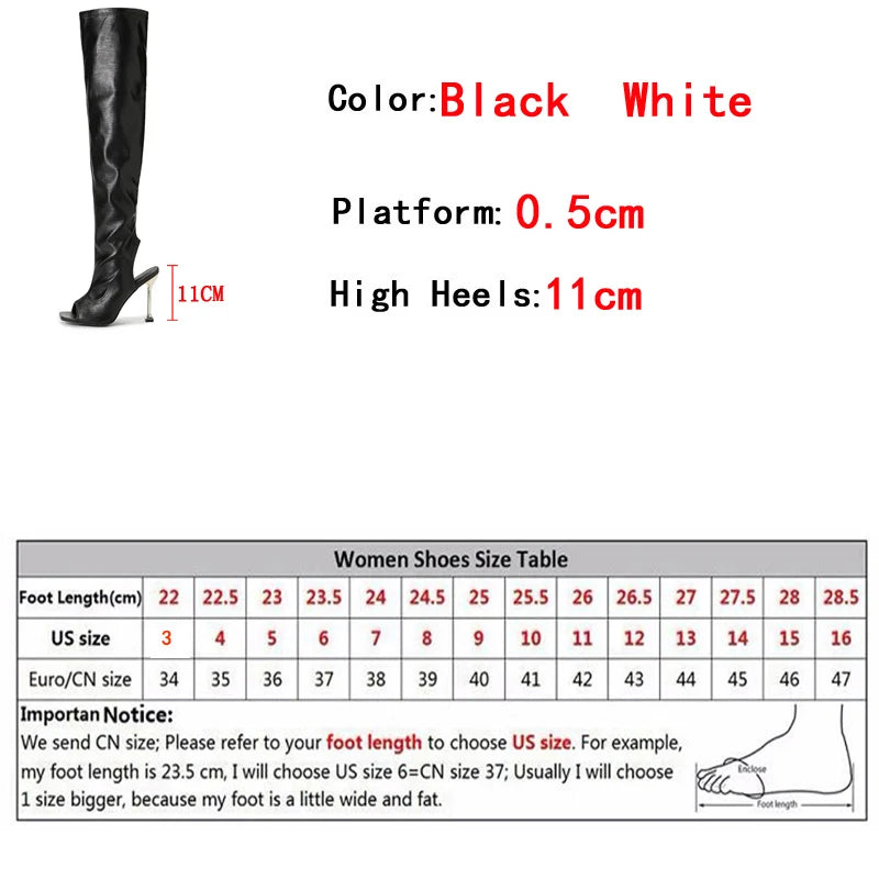 Spring Autumn Zip Metal Thin Heels Open Toe Leather Thigh High Over the Knee Boots Party Club Stripper Shoes