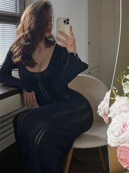 Hollow Out Knitwear Backless Long Dress ’s Slim High Waist Skinny Autumn Party Dress Female Knit Dress