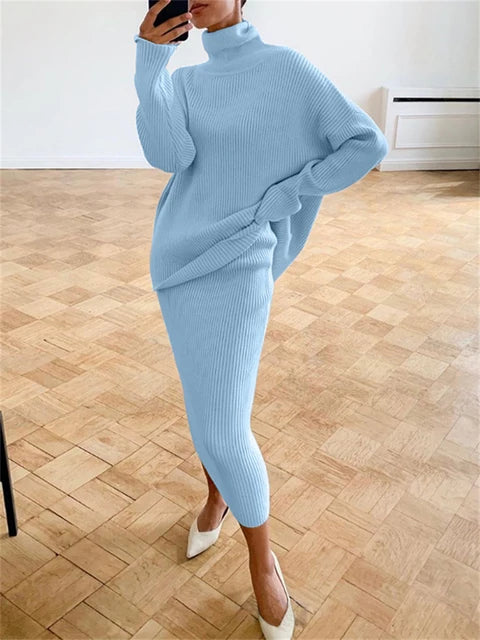 Ribbed Knit 2 Piece Dress Set Outfits Knitwear Top and Midi Skirt Sets for Winter Sweater Sets