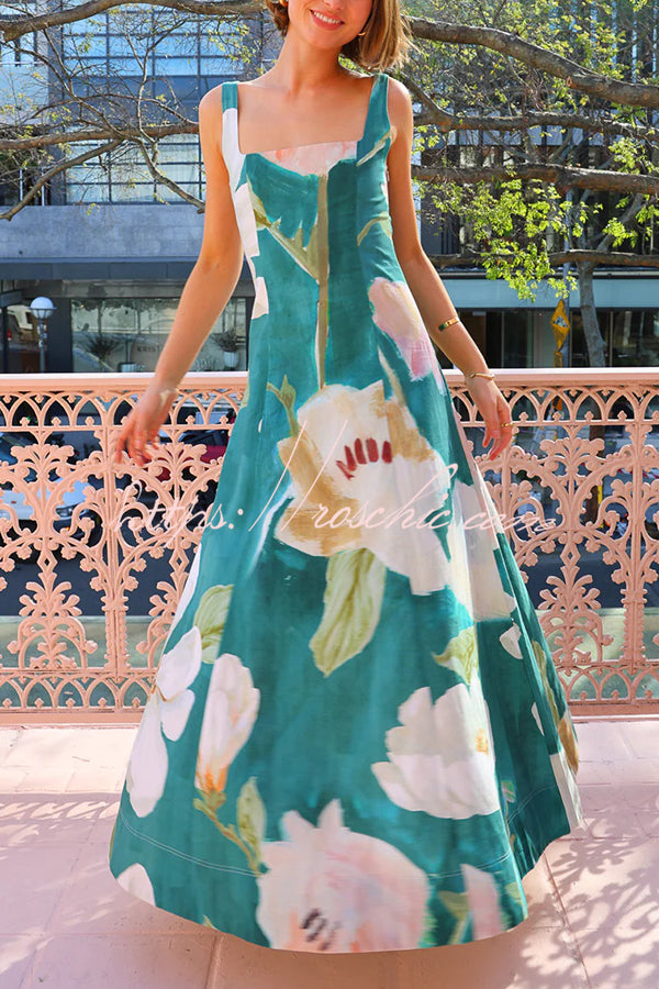 Print Sleeveless Square Neck Big Hem Maxi Dress
