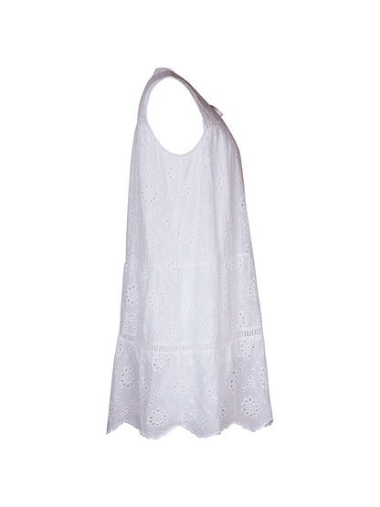 Loose Sleeveless Hollow Lace-up Color Split-joint Round-neck Mini Dresses