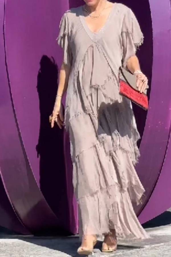 V-neck Fashionable Cake Long Dress