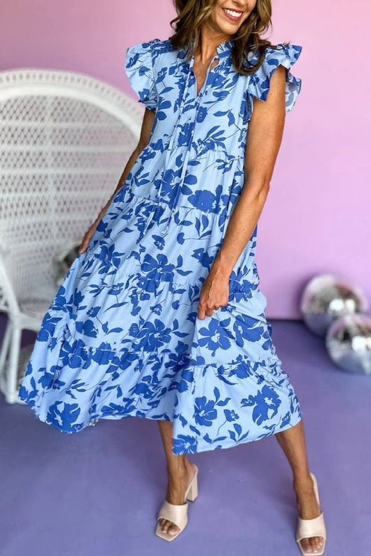 Sky Blue Print Tiered Flutter Sleeve Maxi Dress