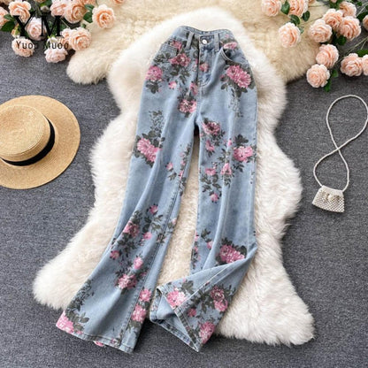 Blue Rose Print Wide Leg Denim Pants Ar1016