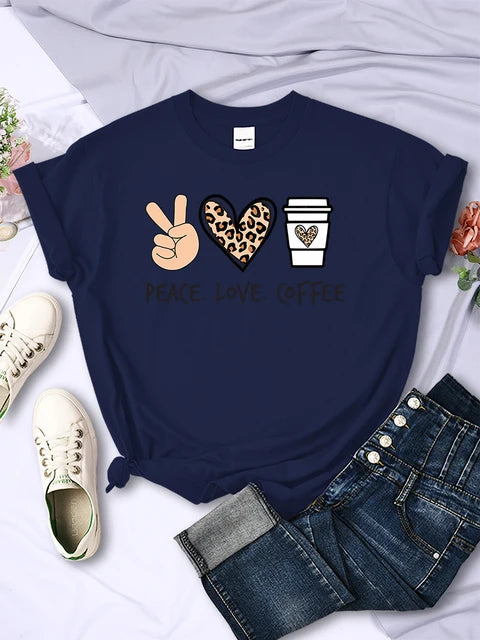 Peace Love Coffee Prints Tshirts Cotton T-shirts Brand Breathable Tees Shirts Street O-neck Tshirt for