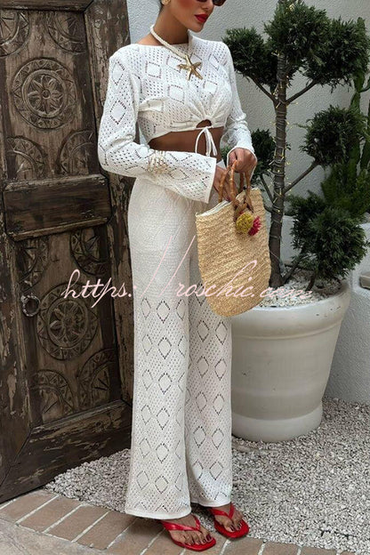 Color Hollow Short Long-sleeved Top and Stretch Wide-leg Pants Knitted Set