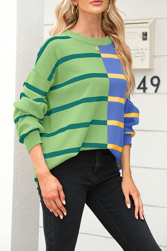 Striped Long-sleeved Sweater, Round Neck Pullover Fashionable Sweatshirt