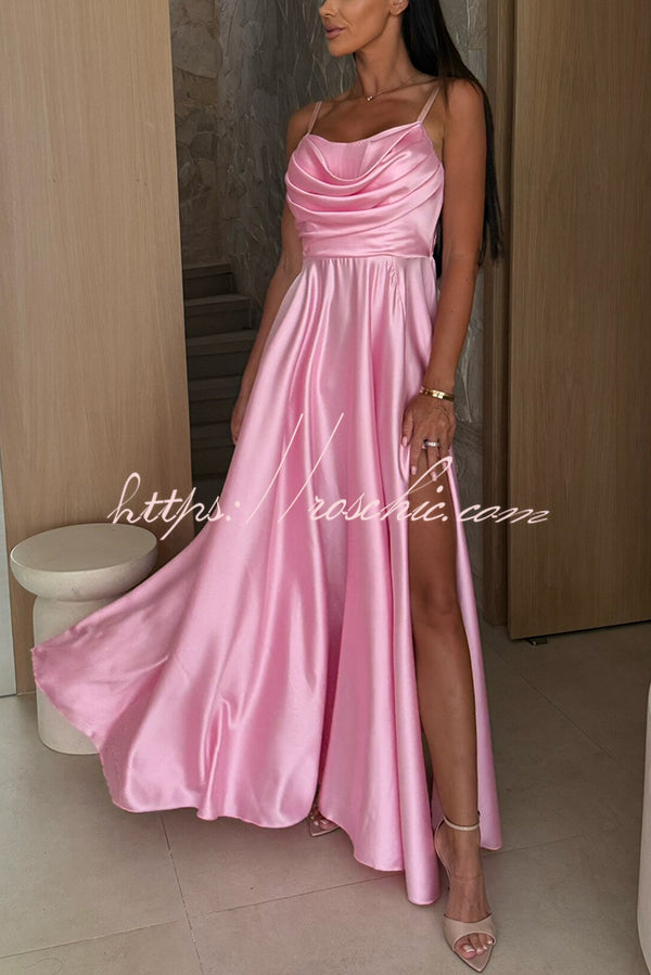 Color Suspender Back Pleated Slit Full Hem Maxi Dress