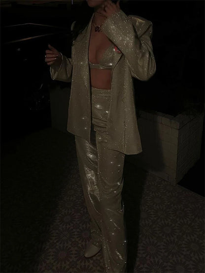Sliver Sparkly Oversized Blazer Sets for Suit Glitter Coat and Pants Sets Blazer Femme Mujer Party