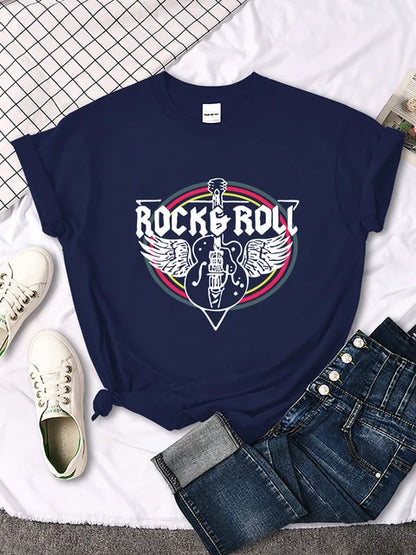 Rock Roll Electric Guitar Printed T-shirt Comfortable Tops Breathable Cool Short Sleeve O-neck Street Tee Clothing