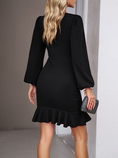 Bodycon Long Sleeves Falbala Color Mini Dresses