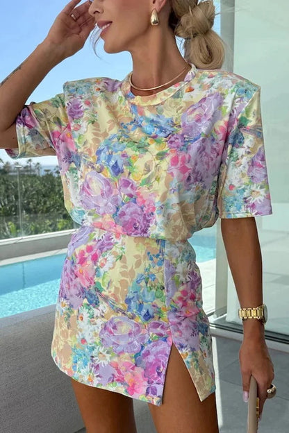 Print Crew Neck Short Sleeve T-shirt and Mid Rise Split Skort Set