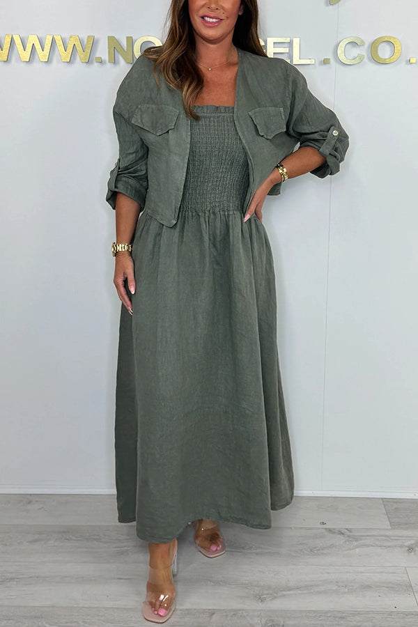 Color Short Jacket and Suspender Pleated Maxi Dress Set