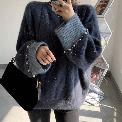 Grey O-neck Sequins Long Sleeve With Beaded Knit Sweater Tw022