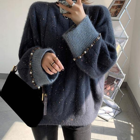 Grey O-neck Sequins Long Sleeve With Beaded Knit Sweater Tw022