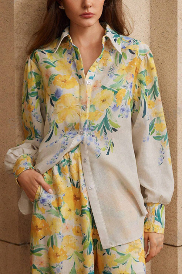 Print Lapel Long Sleeve Shirt and Elastic Waist Pocket Wide Leg Pants Set