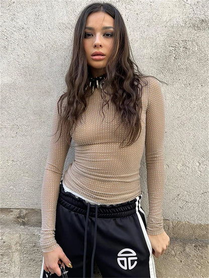 Glitter See-through T-shirt Female Hollow Out Patchwork Long Sleeve Sequin Pullover Top Sparkle Slim Tee