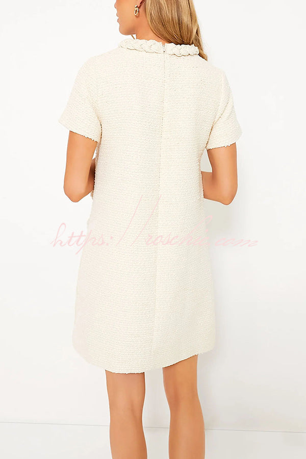 Confident and Tweed Fabric Braided Trim Button Shift Mini Dress