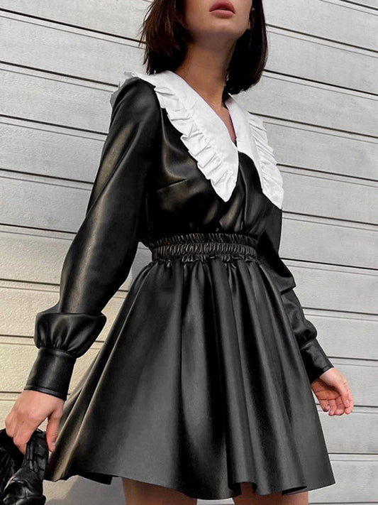 Loose Puff Sleeves Elasticity Pleated Split-joint Peter Pan Collar Mini Dresses