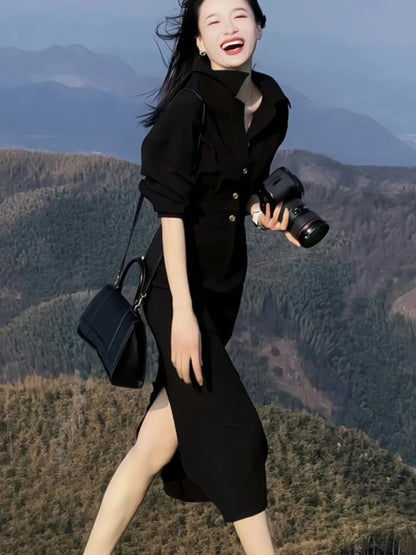 New Spring Summer Midi Dress Short Sleeve Office Lady Vestidos Split Korean Clothing