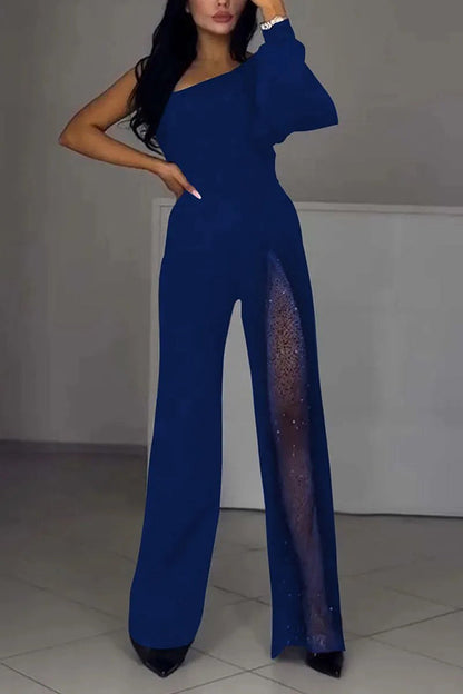 Fashionable Oblique Shoulder One-sleeve High Slit Slim Jumpsuit