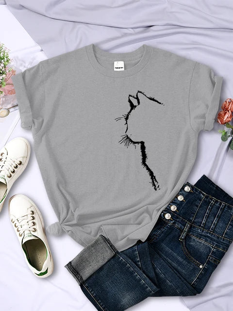 Simple Strokes of Cat Funny Printed T-shirt Short Sleeve O-neck Personality Street Tee Clothing Summer Tops